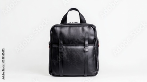 A black leather backpack features a structured design with two compartments and a top handle. Its presented against a plain white background. The image is sharply focused, well-lit, and displays a mi
