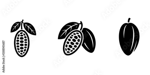 Silhouette of a Cocoa Bean Pod with Leaves, Chocolate. Hand drawn sketch vector Cocoa beans, leaves, raw chocolate chunks, wedges of dessert chocolate, Chocolate text. Organic product Doodle sketch.