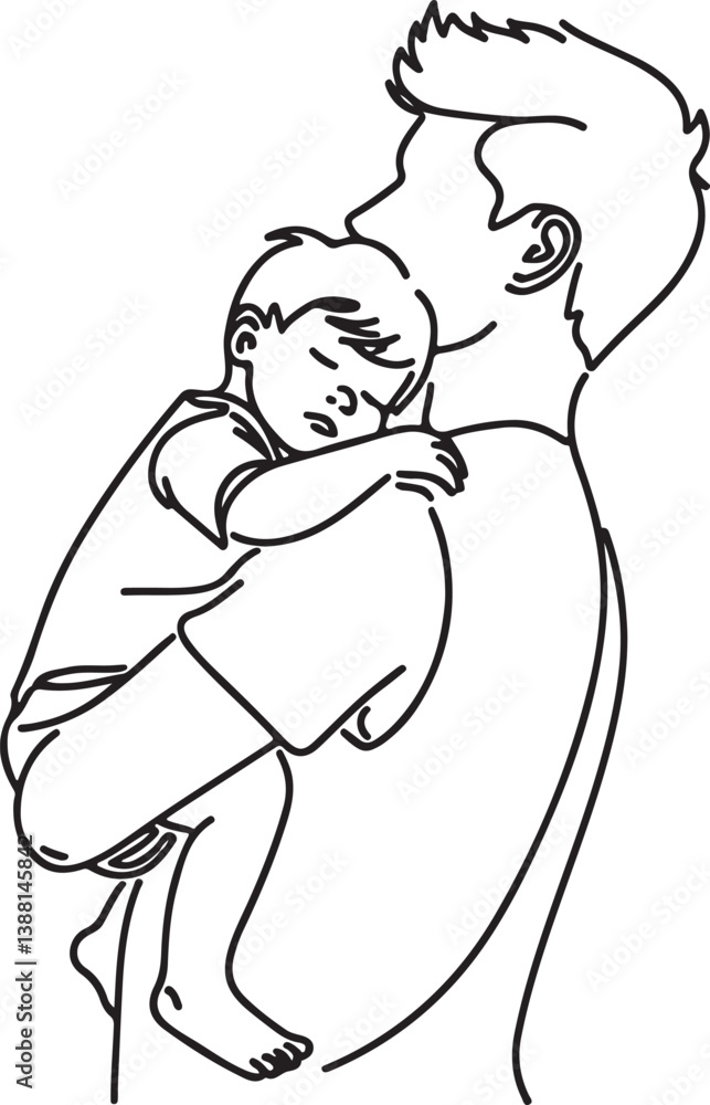 Fototapeta premium Father's Day Line Drawing. Young Dad Carrying Sleepy Son
