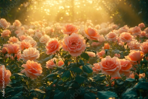 Wallpaper Mural Field of blooming pink roses illuminated by morning sunlight Torontodigital.ca