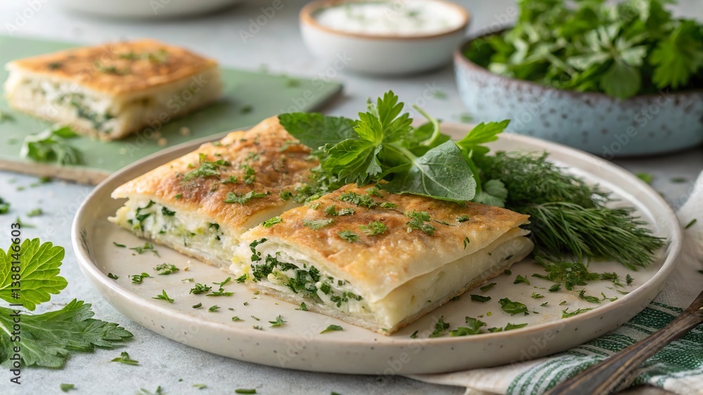 Delightful savory b rek generously garnished with fresh herbs in a cozy kitchen setting Delightful savory b rek generously garnished with fresh herbs in a cozy kitchen setting