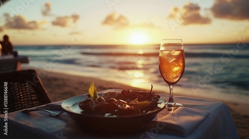 Romantic Dinner Setup on Beach with Sunset View