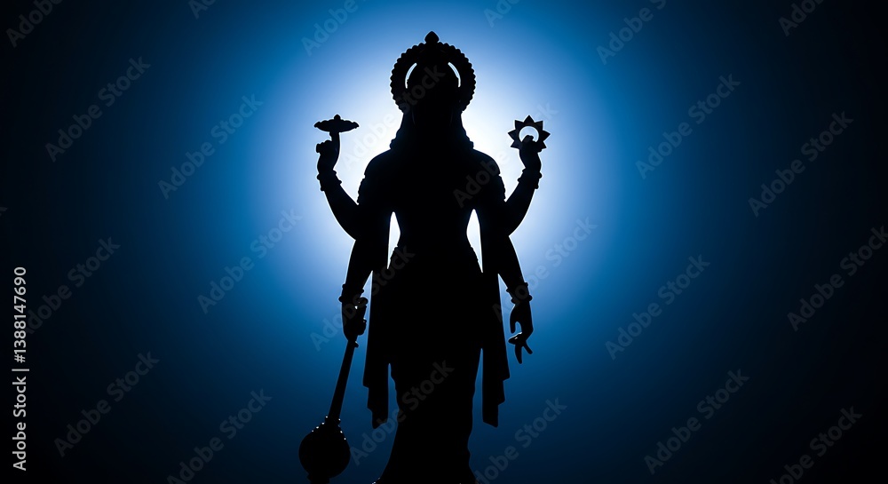 Fototapeta premium Silhouette Depiction of Divine Four-Armed Figure Against Luminous Blue Backdrop