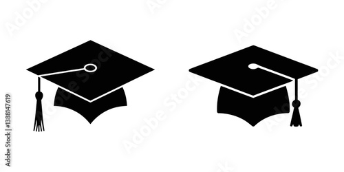 graduation cap and diploma, vector black education icons set on white, Academic Square Cap Vector pictogram, Graduation Cap and Diploma Icons, Graduation Celebration. Vector illustration of a group.