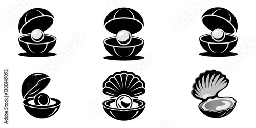 Pearl in the open shell icon set for UI UX designs, Set of scallop shell logos. Collection of isolated scallop outlines on white background. Illustration, Set of black and white silhouette of seashell