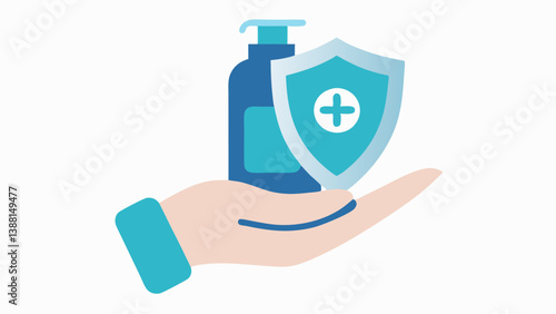 Nanoparticle Shield A hand holding a skincare bottle with a shield graphic above it symbolizing the protective and longlasting effects of nanoparticles on the skin.