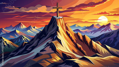 Mountain summit cross on alpine peak at sunset