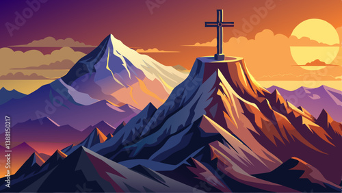 Mountain summit cross on alpine peak at sunset