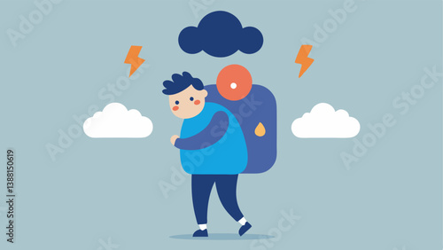 Heavy Backpack An illustration of someone with an oversized backpack filled with symbols of emotions like a crying face and storm clouds depicting how avoidance can lead to mental