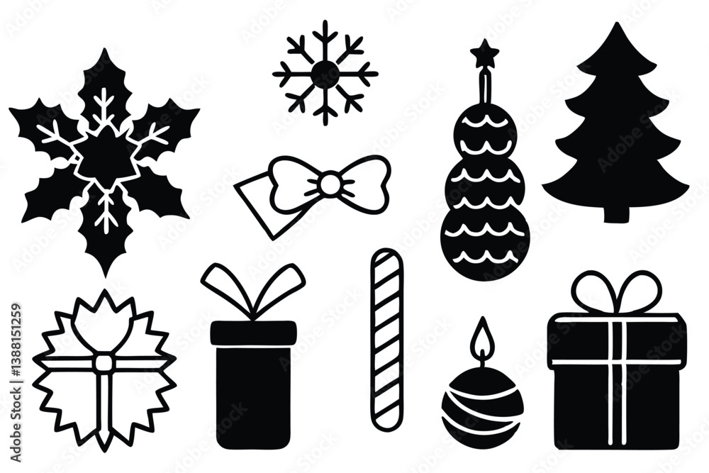 Fototapeta premium December, calendar, holly, postcard, hat, reindeer, angel, clip art, colors, cut out, greeting, icon set, tradition, vacations, weather, Christmas ornament, design element, frost, frozen, ice, snowing