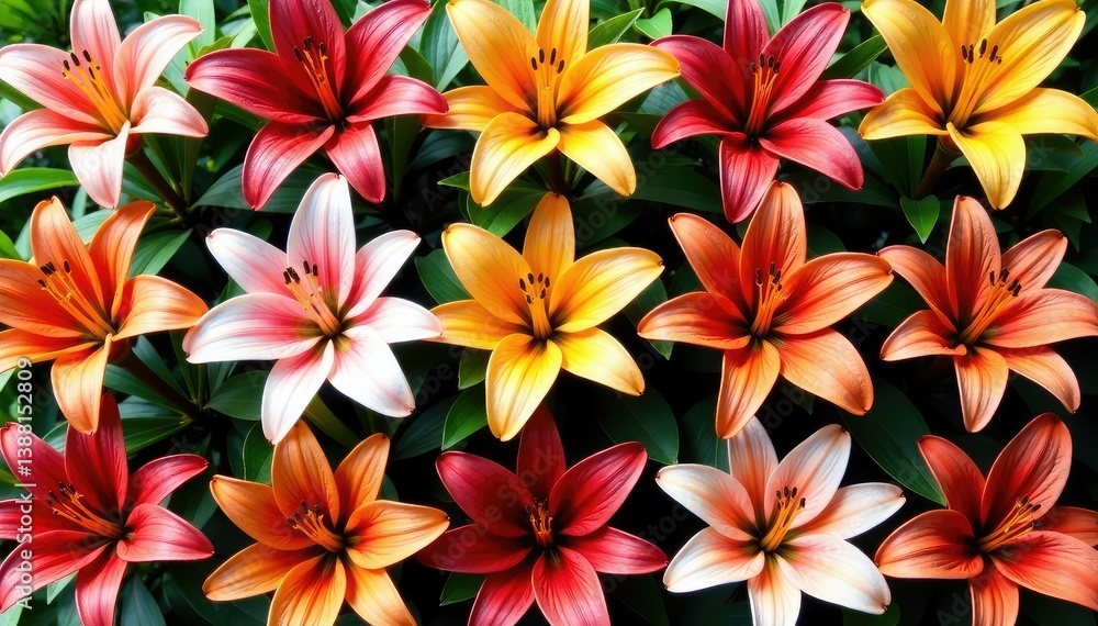 Bold, stylized lilies arranged in a repeating square grid , lily, modern, textile Bold, stylized lilies arranged in a repeating square grid , lily, modern, textile