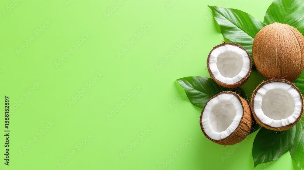 Three halved coconuts and one whole coconut rest on vibrant green leaves against a solid lime green background. The image is high-resolution, brightly lit, and features a clean, minimalist aesthetic. Three halved coconuts and one whole coconut rest on vibrant green leaves against a solid lime green background. The image is high-resolution, brightly lit, and features a clean, minimalist aesthetic.