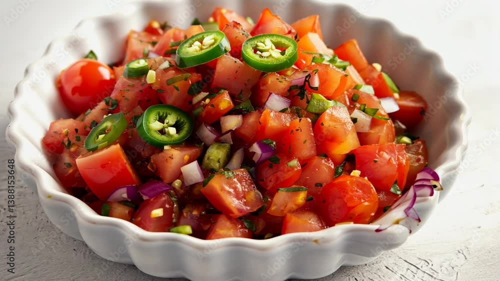 Fresh tomato salsa with red onion and sliced jalapeños served in a white bowl, close-up and top view of a vibrant and healthy appetizer.