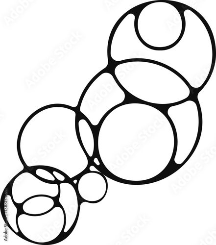 Multiple soap bubbles grouped together with a complex, abstract layout.