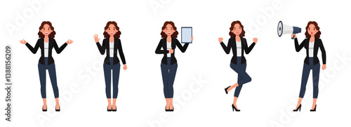 Business woman wear black shirt, long brown curly hair character vector illustration design set. Woman working in office. Presentation in various action.