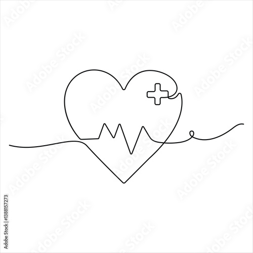 Single continuous line drawing of heart beat pulse simple heartbeat pulse line art style vector illustration