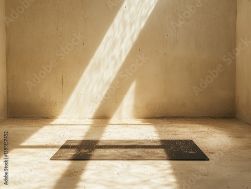 A dark yoga mat in a sunlit empty room with textured walls, soft shadows, and dust particles on the floor, illuminated by a single beam of golden sunlight.
