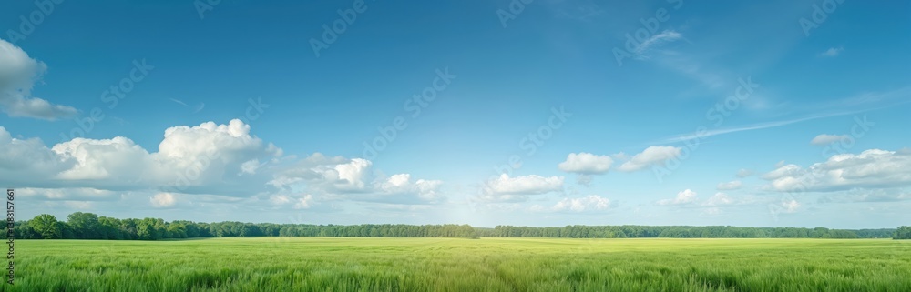 Obraz premium Panoramic banner of barley field in spring. Light green crops, blue sky with white clouds, horizon with trees and forest. Germany countryside, rural landscape from Berlin.