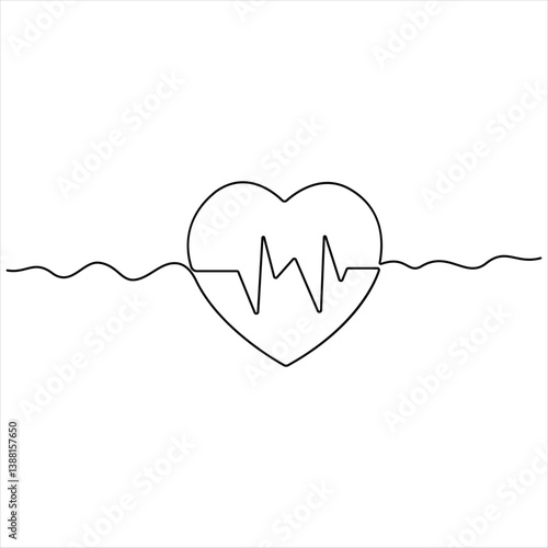 Single continuous line drawing of heart beat pulse simple heartbeat pulse line art style vector illustration