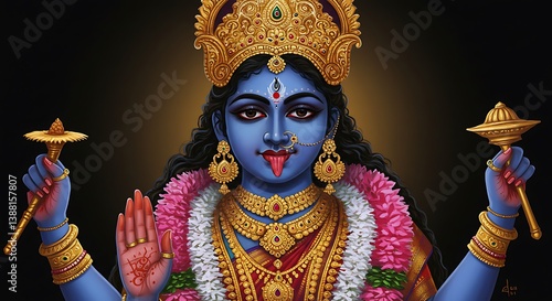 Radiant depiction of hindu goddess kali adorned in traditional finery