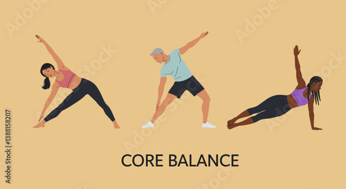 Core balance with three multiethnic people stretching. Healthy lifestyle concept. Minimalist flat design illustration