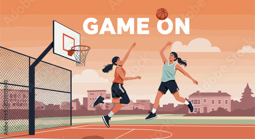 Two teenage girl playing basketball in court. Colorful illustration banner