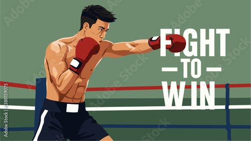 Asian professional boxer punching in the ring. Fight to win. Colorful minimalist illustration