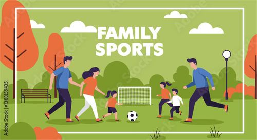 Big family playing football together in the park. Family sports minimalist flat design illustration banner