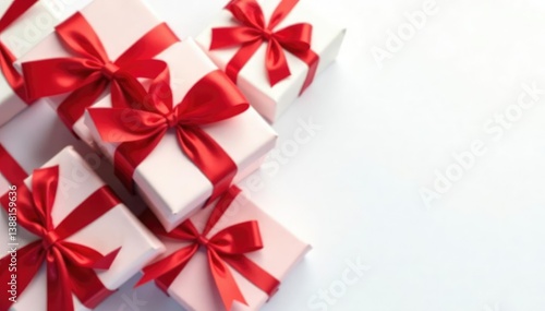 Elegant red ribbon tied gift boxes on white background, white, wrapping paper, background