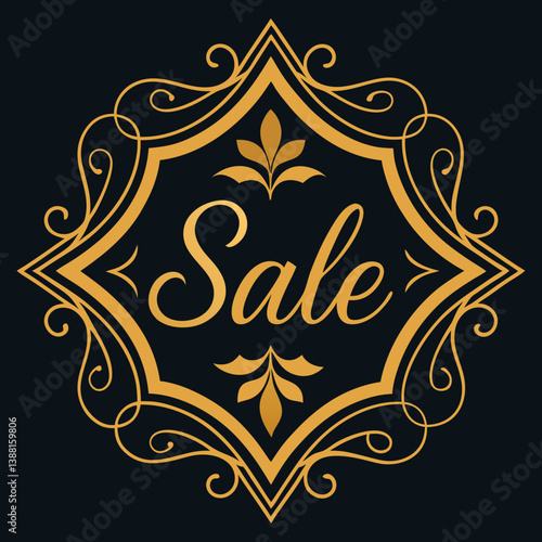 Golden sale sign with ornate design on a black background, emphasizing luxury and exclusivity.