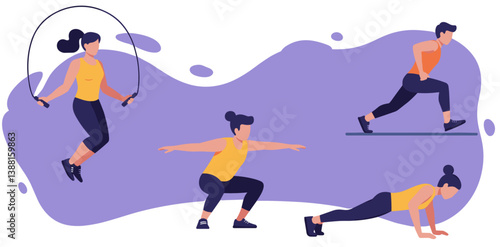 Men and women doing different types of work out exercises. Minimalist flat design illustration