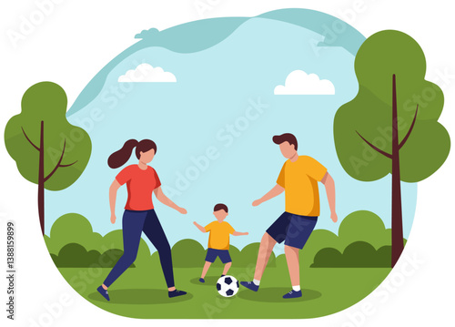 Family playing soccer together in the park. Minimalist flat design illustration
