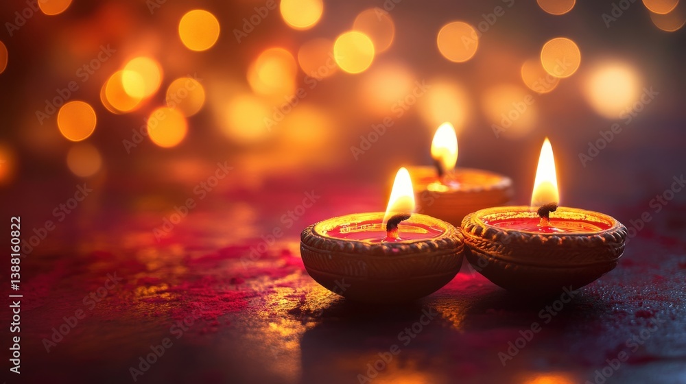 Glowing oil lamps are arranged with soft bokeh in the background Glowing oil lamps are arranged with soft bokeh in the background