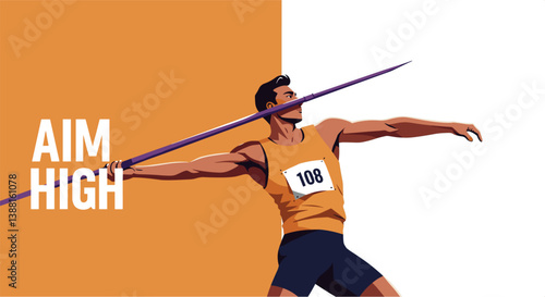 Professional javelin thrower in competition. Aim high conceptual cartoon banner