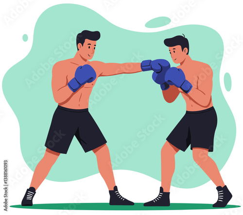 Two male professional boxers practicing together. Colorful minimalist illustration