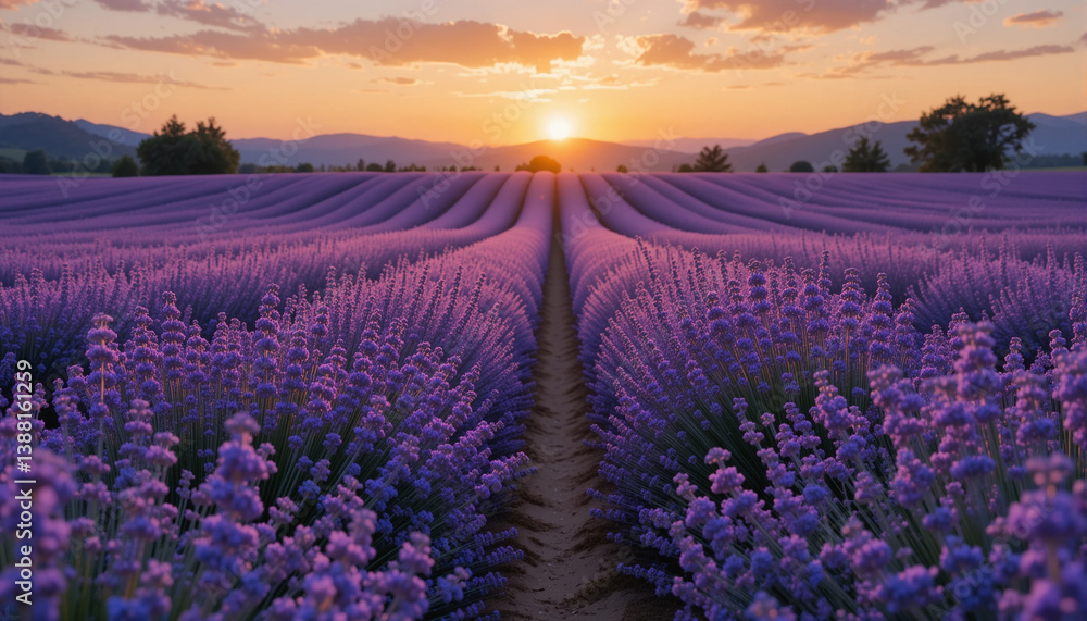 Obraz premium Lavender Fields at Sunset: A mesmerizing panorama unfolds, where rows of vibrant lavender blossoms stretch towards the horizon, bathed in the warm, golden embrace of a setting sun.