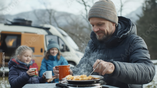 Nomadic family enjoys a warm winter meal beside their camper van, embracing the freedom of vanlife, sharing moments and meals in nature despite the cold weather.