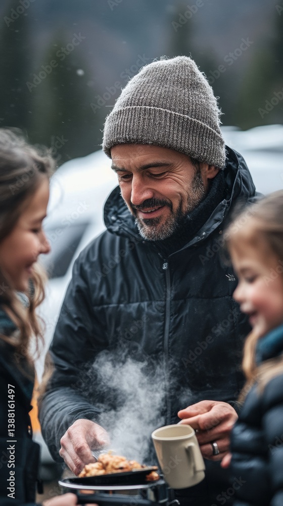 Nomadic family enjoys a warm winter meal beside their camper van, embracing the freedom of vanlife, sharing moments and meals in nature despite the cold weather.