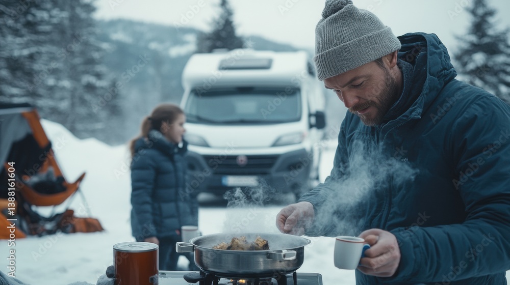 Nomadic family enjoys a warm winter meal beside their camper van, embracing the freedom of vanlife, sharing moments and meals in nature despite the cold weather.