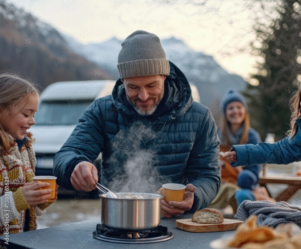 Nomadic family enjoys a warm winter meal beside their camper van, embracing the freedom of vanlife, sharing moments and meals in nature despite the cold weather.
