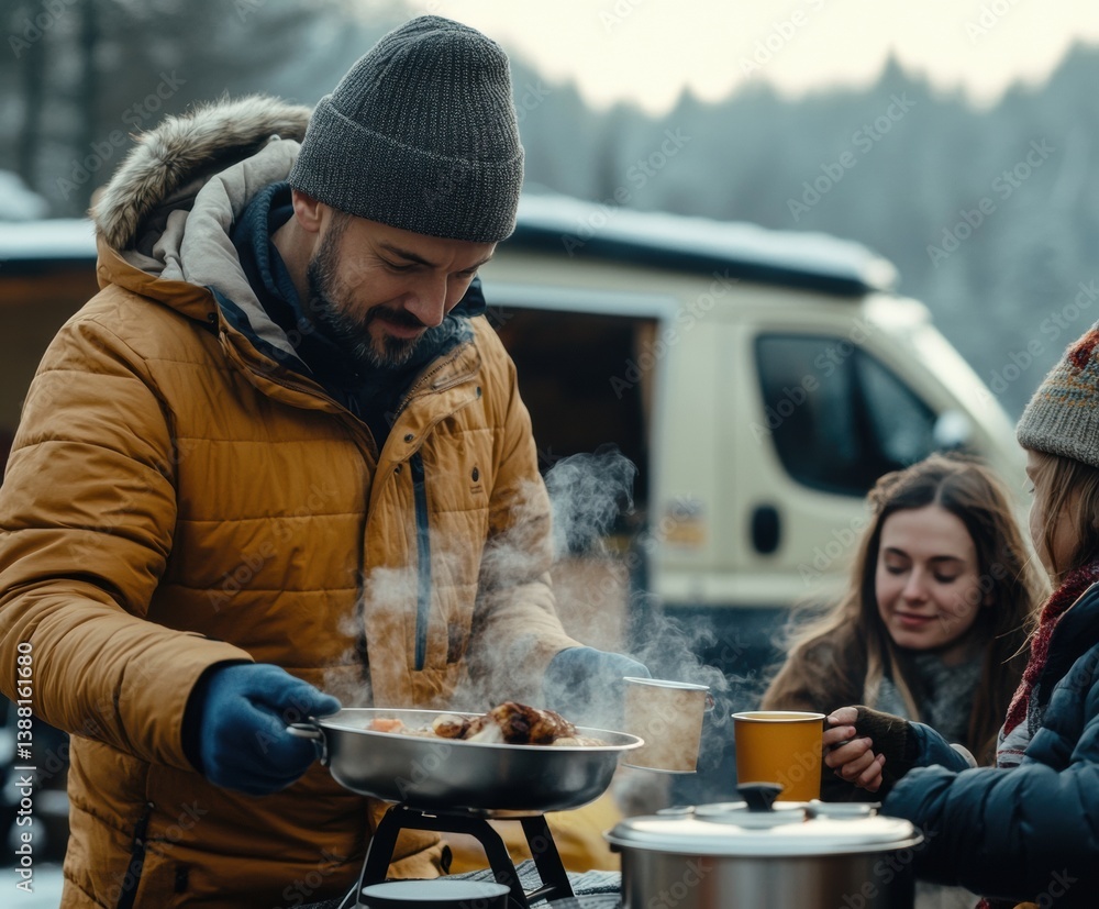 Nomadic family enjoys a warm winter meal beside their camper van, embracing the freedom of vanlife, sharing moments and meals in nature despite the cold weather.