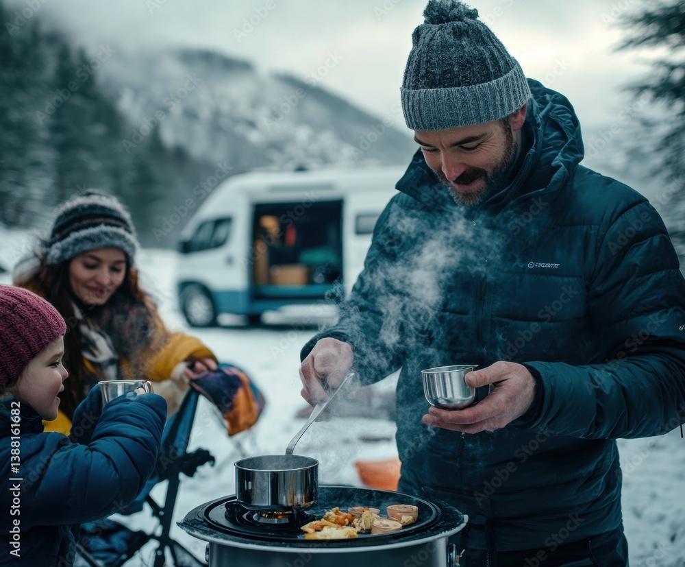 Nomadic family enjoys a warm winter meal beside their camper van, embracing the freedom of vanlife, sharing moments and meals in nature despite the cold weather.