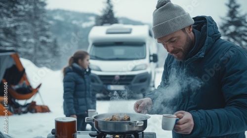 Obraz na płótnie Nomadic family enjoys a warm winter meal beside their camper van, embracing the freedom of vanlife, sharing moments and meals in nature despite the cold weather. w salonie