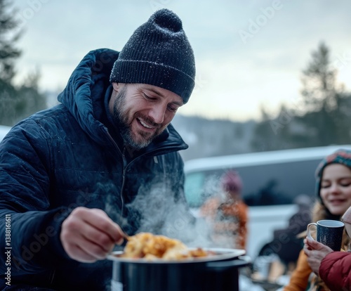 Obraz na płótnie Nomadic family enjoys a warm winter meal beside their camper van, embracing the freedom of vanlife, sharing moments and meals in nature despite the cold weather. w salonie