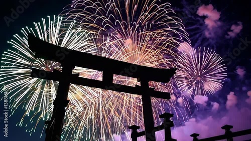 Colorful Fireworks Bursting Behind the Silhouette of a Traditional Torii Gate at Night in Seamless Loop for Cultural and Cinematic Background Use