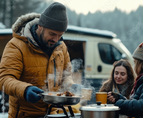 Obraz na płótnie Nomadic family enjoys a warm winter meal beside their camper van, embracing the freedom of vanlife, sharing moments and meals in nature despite the cold weather. w salonie