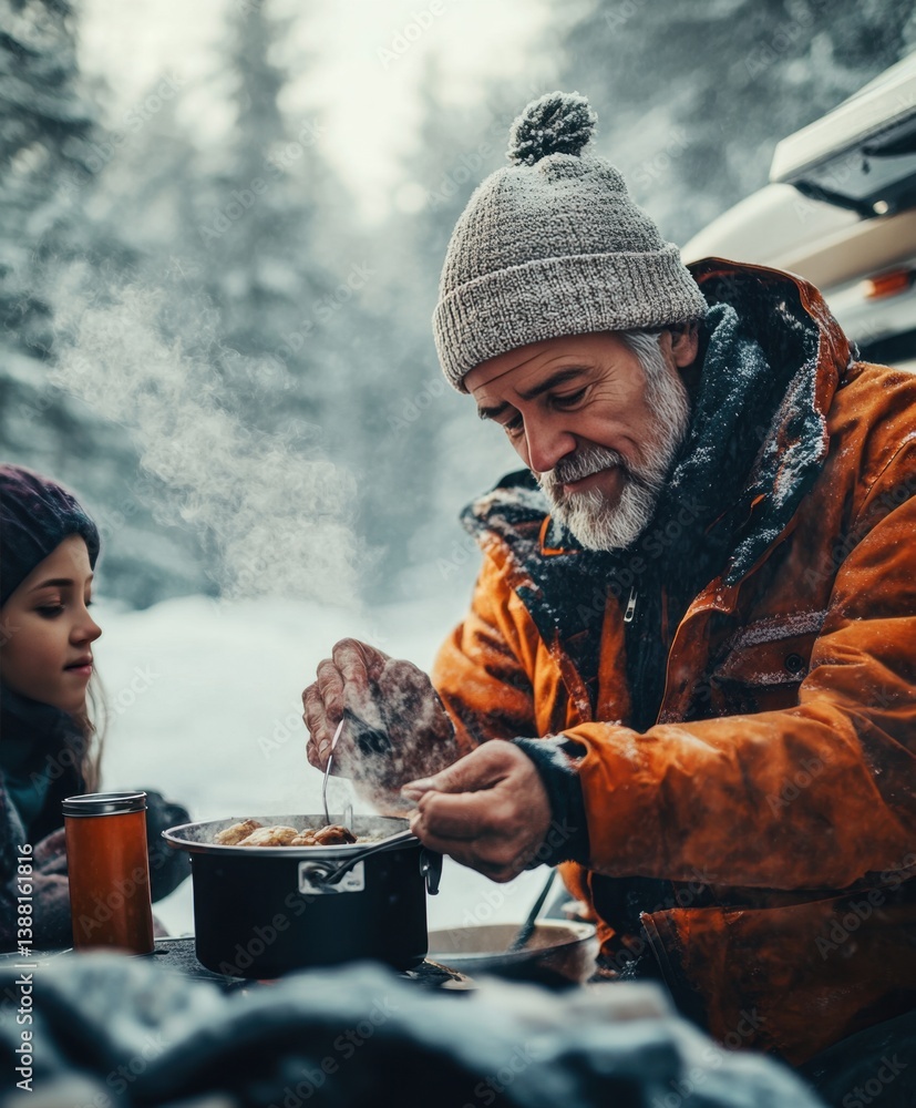 Nomadic family enjoys a warm winter meal beside their camper van, embracing the freedom of vanlife, sharing moments and meals in nature despite the cold weather.