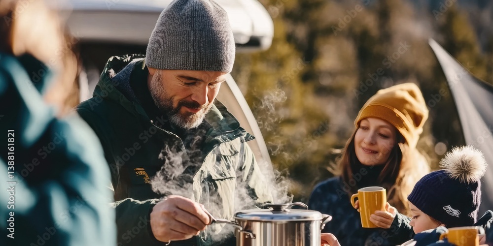 Nomadic family enjoys a warm winter meal beside their camper van, embracing the freedom of vanlife, sharing moments and meals in nature despite the cold weather.