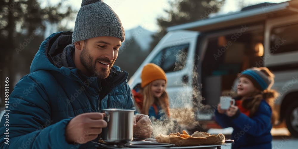Nomadic family enjoys a warm winter meal beside their camper van, embracing the freedom of vanlife, sharing moments and meals in nature despite the cold weather.