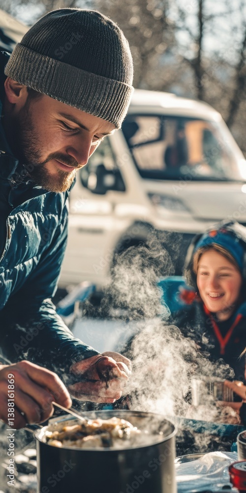 Nomadic family enjoys a warm winter meal beside their camper van, embracing the freedom of vanlife, sharing moments and meals in nature despite the cold weather.